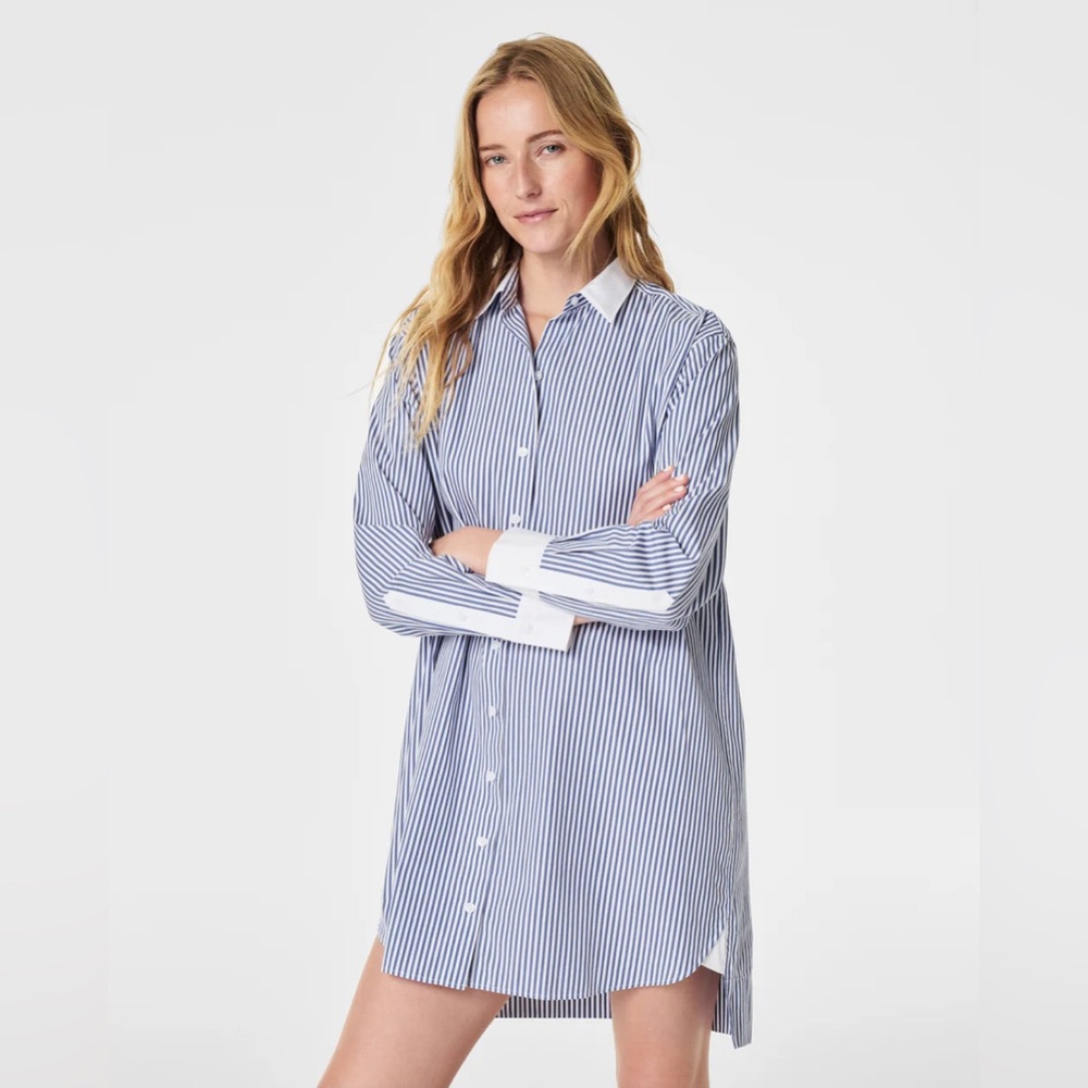 SPANX Best Poplin‎ Striped Shirt Dress Blue White Size Medium